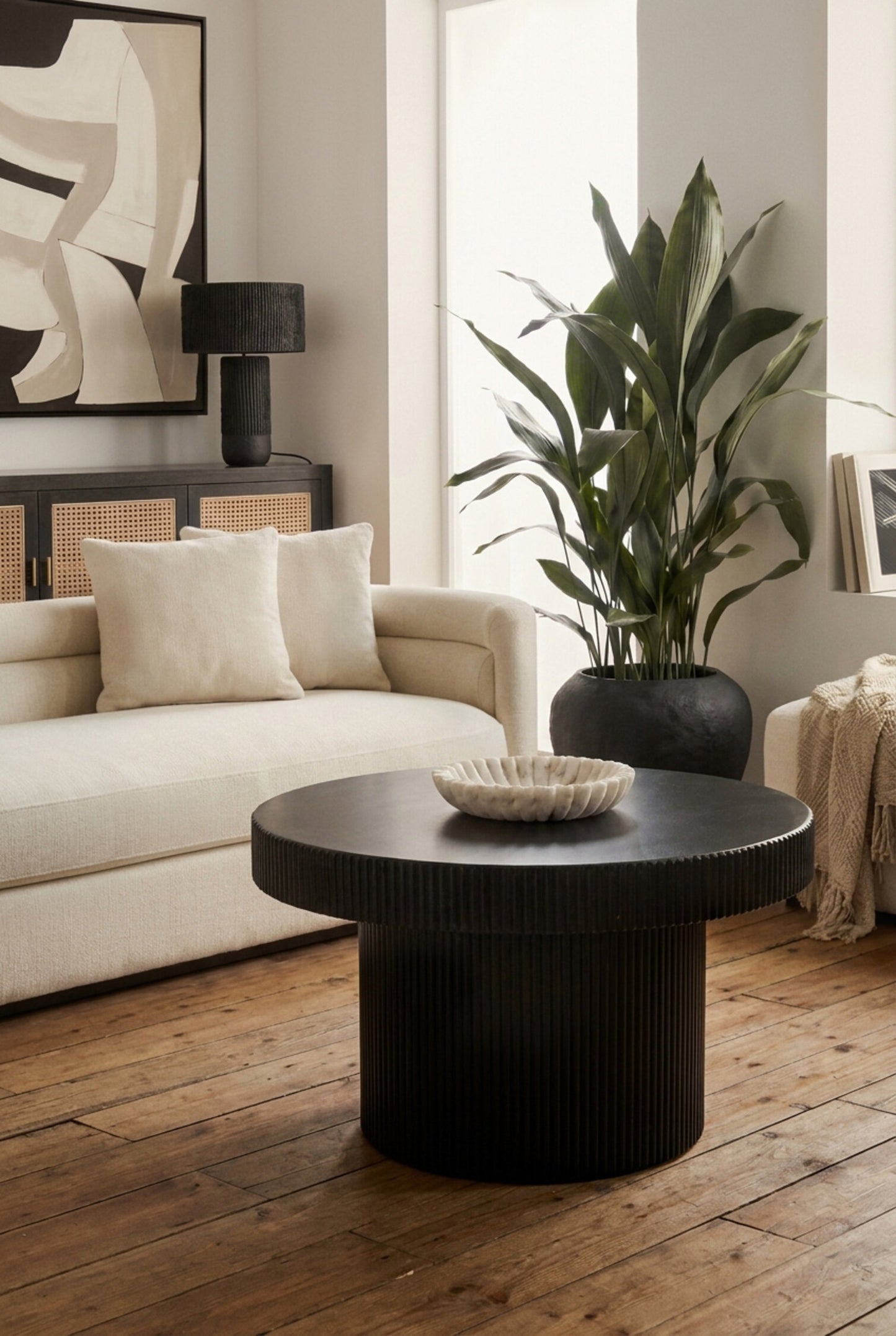 Aramis Black Metal Round Ridge Detail Coffee Table