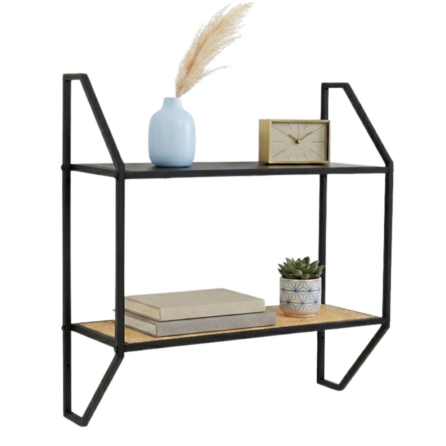 Indy Natural Rattan Industrial Two Tier Wall Shelf