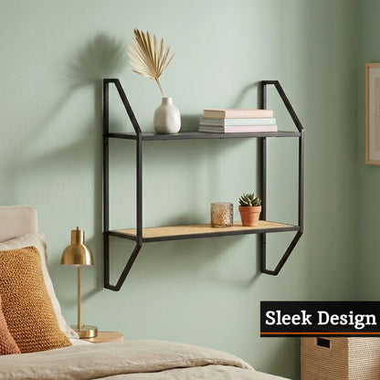 Indy Natural Rattan Industrial Two Tier Wall Shelf