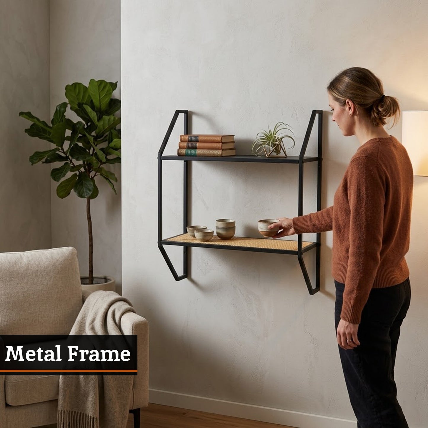 Indy Natural Rattan Industrial Two Tier Wall Shelf