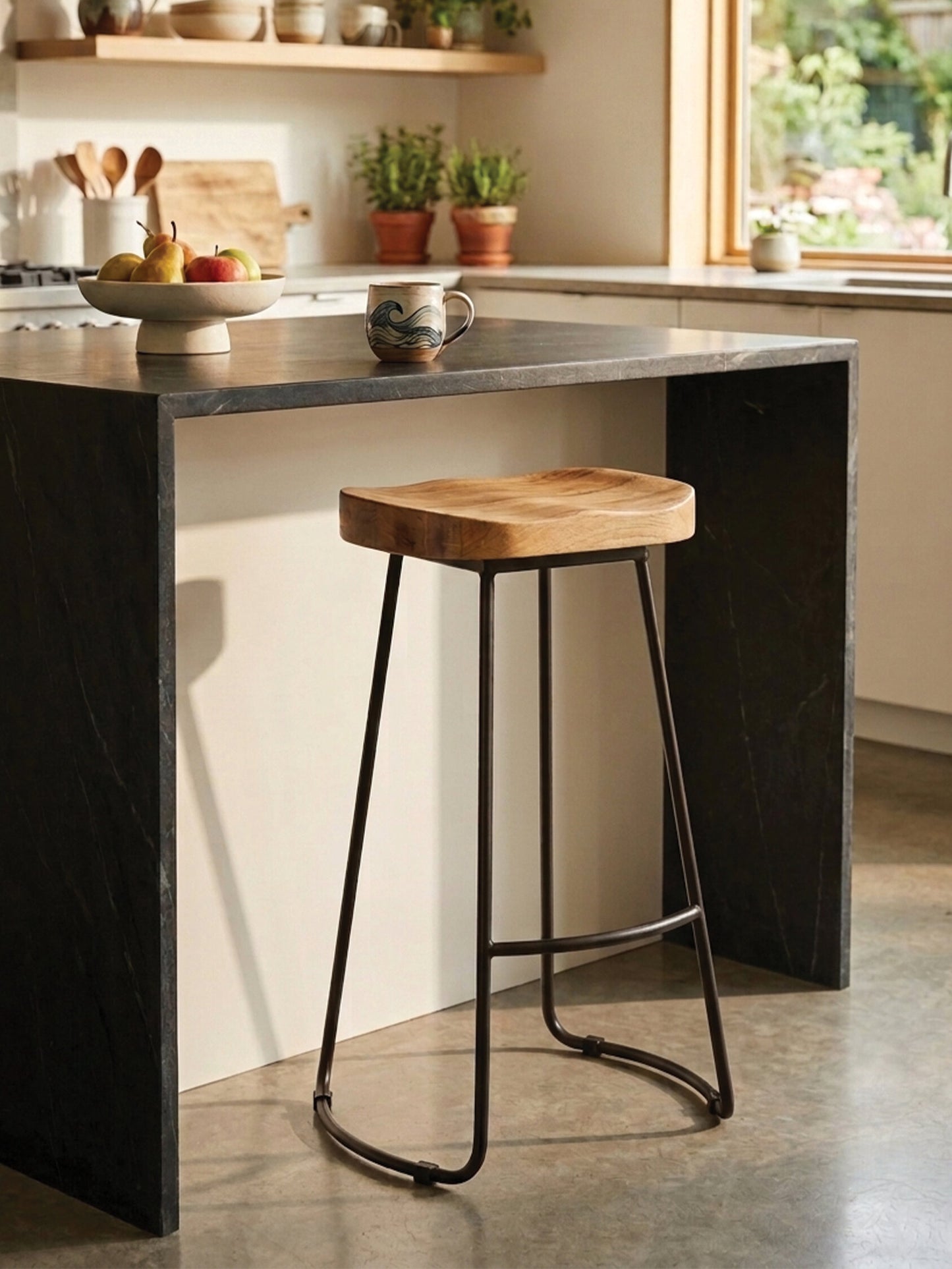 Lourdes Industrial Oak Wood Metal Bar Stool
