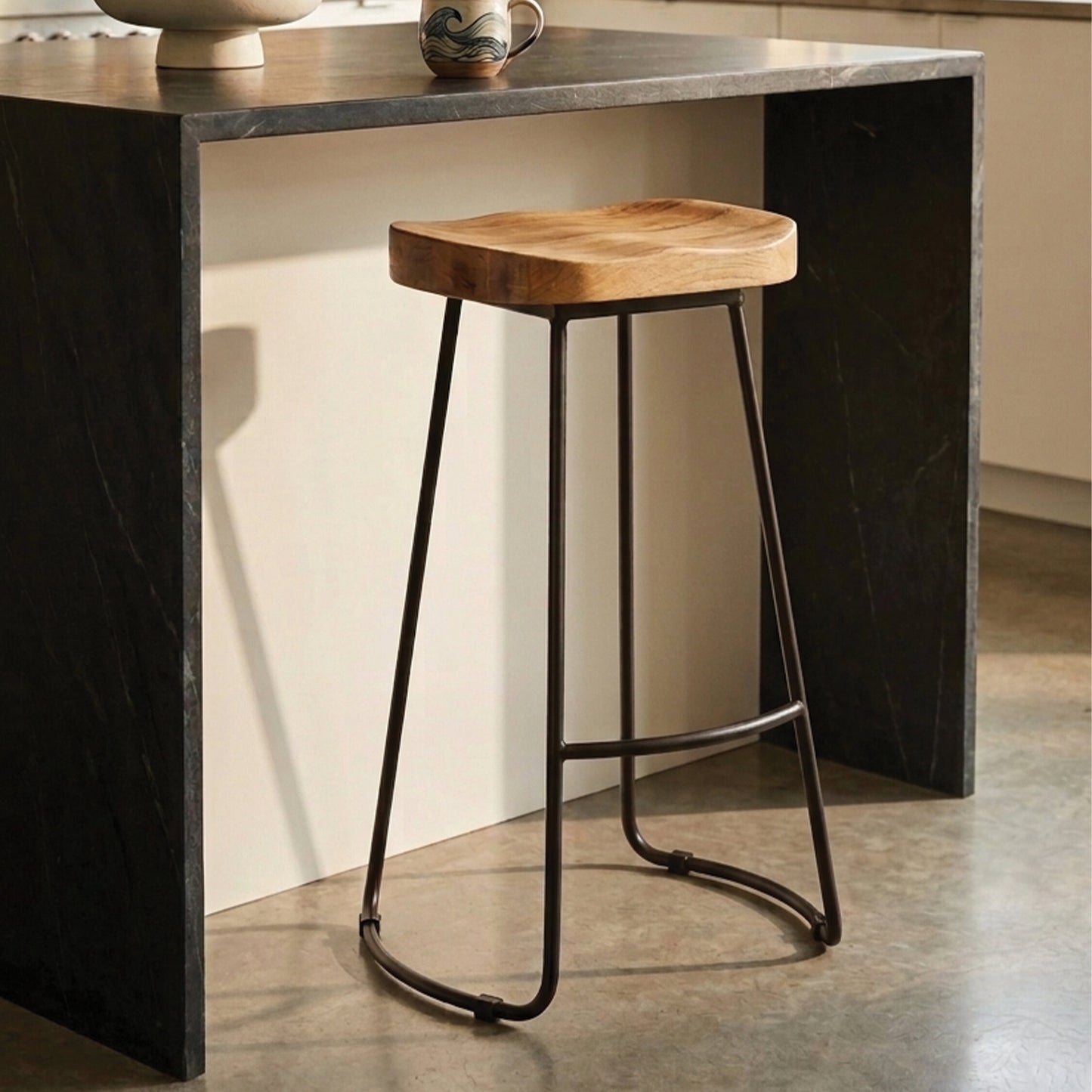 Lourdes Industrial Oak Wood Metal Bar Stool