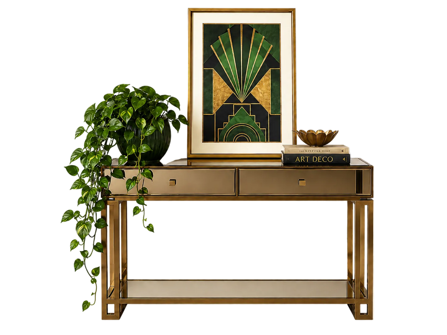 Decorative console table with a plant, framed art piece, and books on a white background