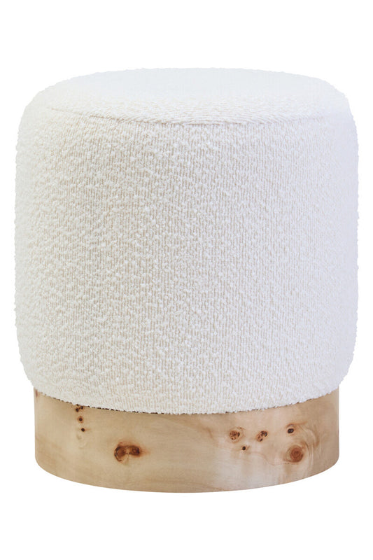 Aspen Burl Wood and Cream Boucle Round Footstool