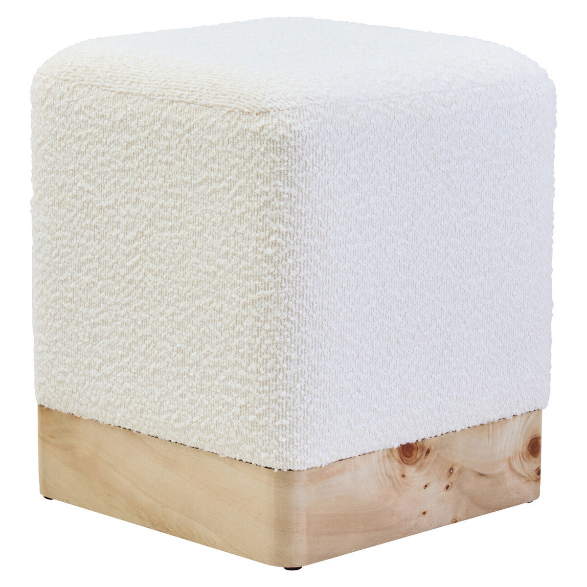 Aspen Burl Wood and Cream Boucle Square Footstool