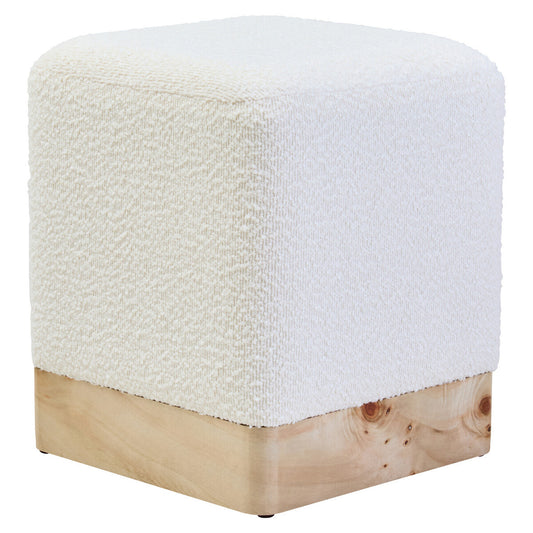 Aspen Burl Wood and Cream Boucle Square Footstool