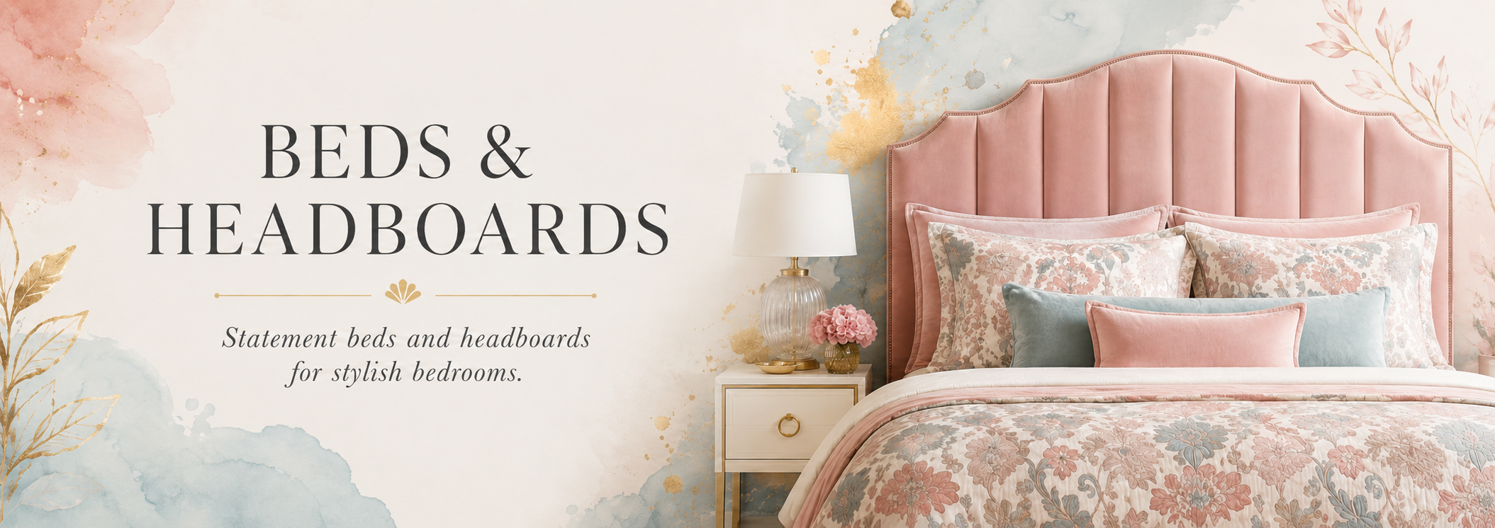Beds and headboards collection banner with a blush upholstered headboard, patterned bedding and soft Bali & Blue watercolour styling.