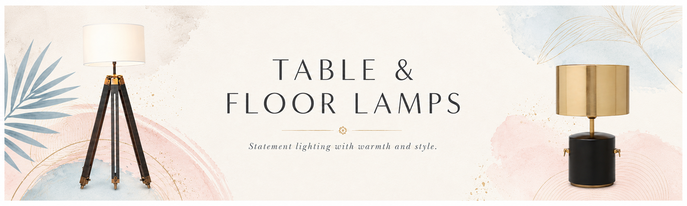 Table and floor lamps collection banner with tripod floor lamp, gold table lamp and soft boho luxe accents
