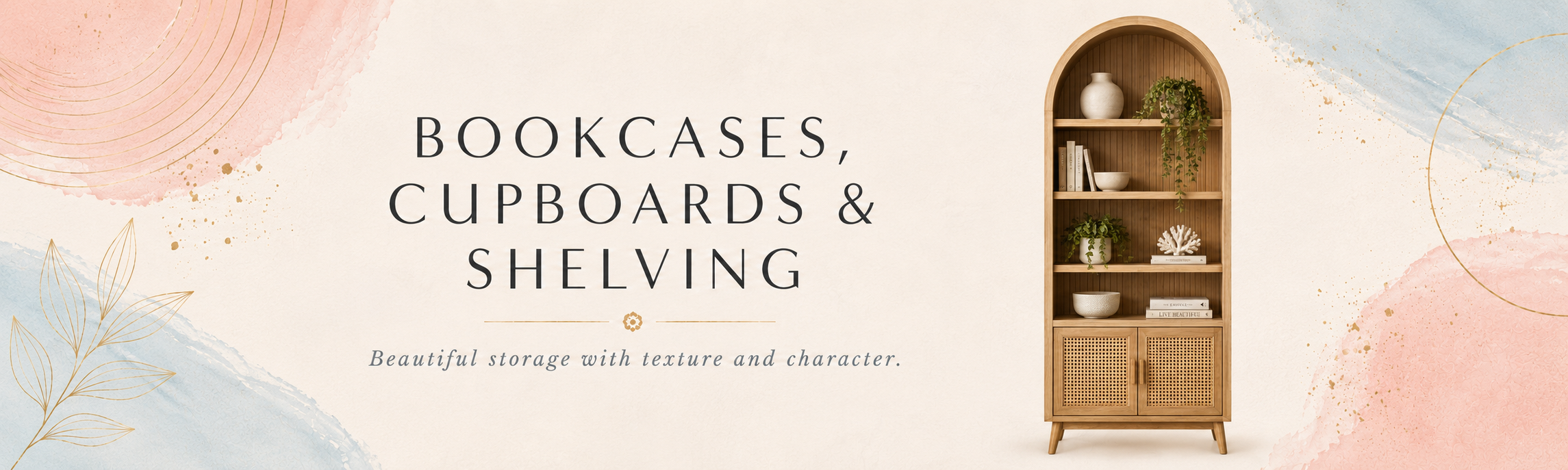 Bookcases, cupboards and shelving collection banner with rattan storage unit and soft boho luxe styling