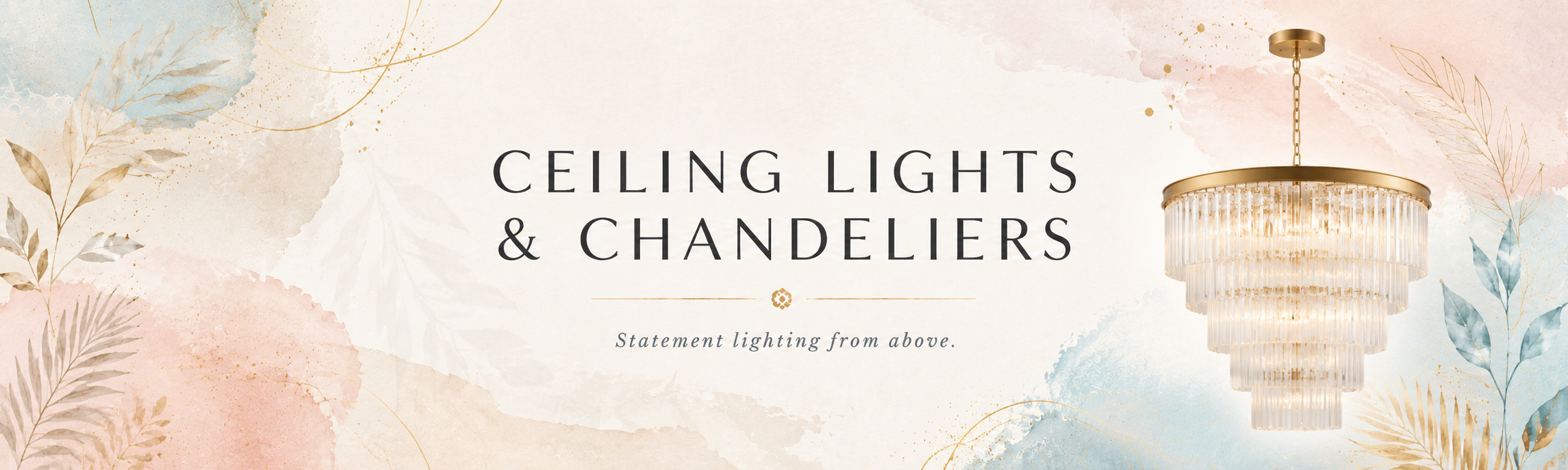 Ceiling lights and chandeliers collection banner with shell bead chandelier, blue, blush and gold accents