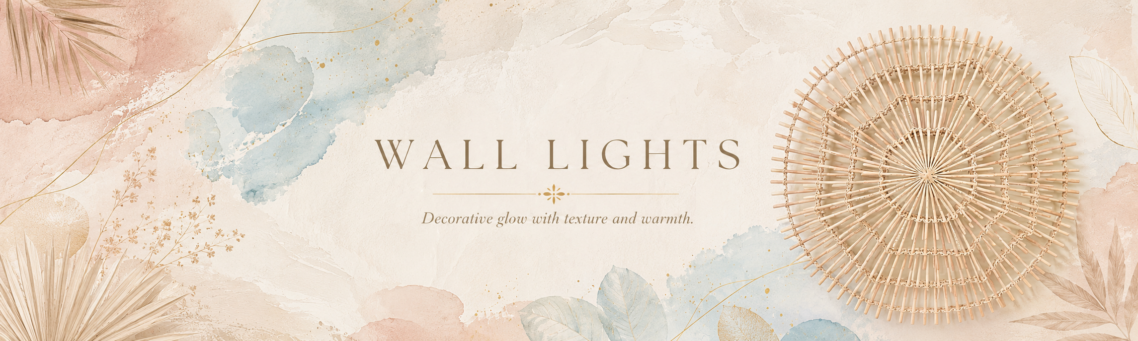 Wall lights collection banner with natural woven wall sconce, blue, blush and gold accents