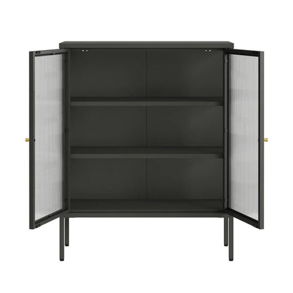 Hudson Industrial Black Metal and Fluted Glass Door Cabinet