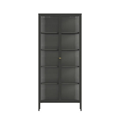 Hudson Industrial Black Metal and Fluted Glass Door Tall Cabinet