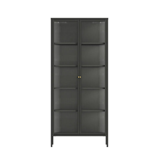 Hudson Industrial Black Metal and Fluted Glass Door Tall Cabinet