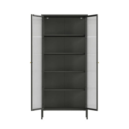 Hudson Industrial Black Metal and Fluted Glass Door Tall Cabinet