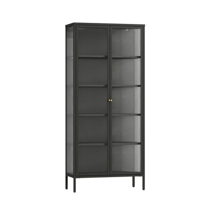 Hudson Industrial Black Metal and Fluted Glass Door Tall Cabinet