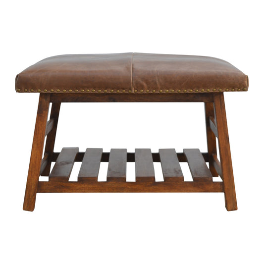 Soho Brown Leather Square Footstool with Brass Studding