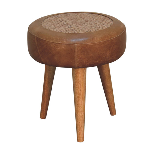 Vintage Loft Seagrass & Leather Round Footstool
