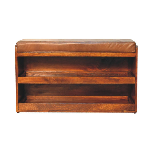 Vintage Style Buffalo Leather Pull Out Shoe Bench - Chestnut