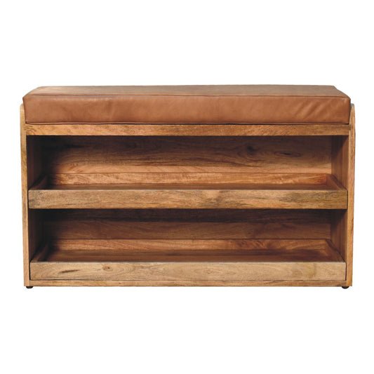 Vintage Style Buffalo Leather Shoe Storage Bench - Tan
