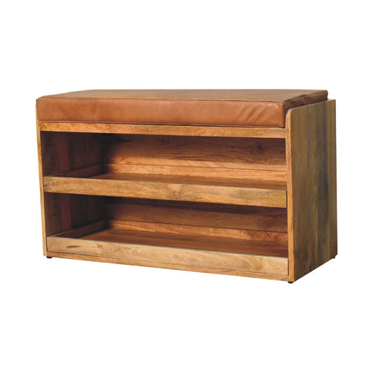 Vintage Style Buffalo Leather Shoe Storage Bench - Tan
