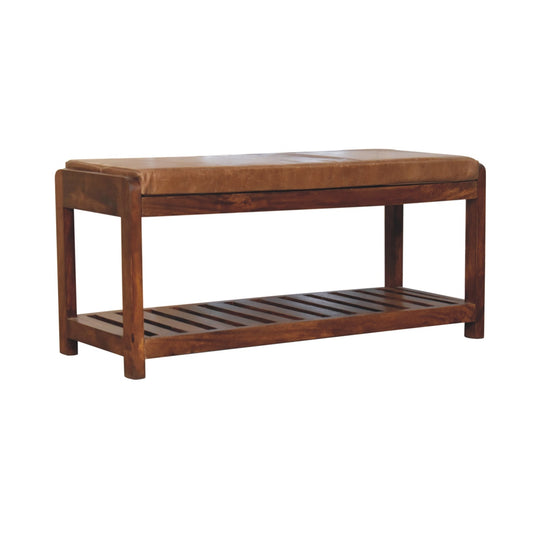 Vintage Style Buffalo Leather Slatted Hallway Bench - Large