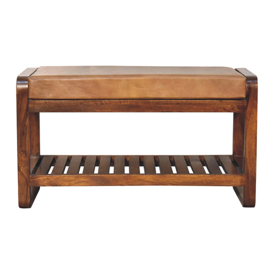 Vintage Style Buffalo Leather Slatted Hallway Bench - Small