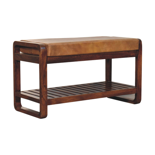 Vintage Style Buffalo Leather Slatted Hallway Bench - Small