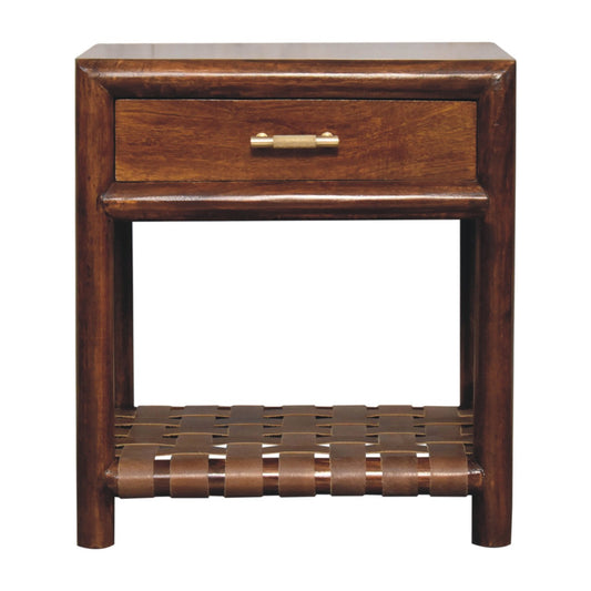 Belize Bedside Table with Leather Woven Shelf - Chestnut