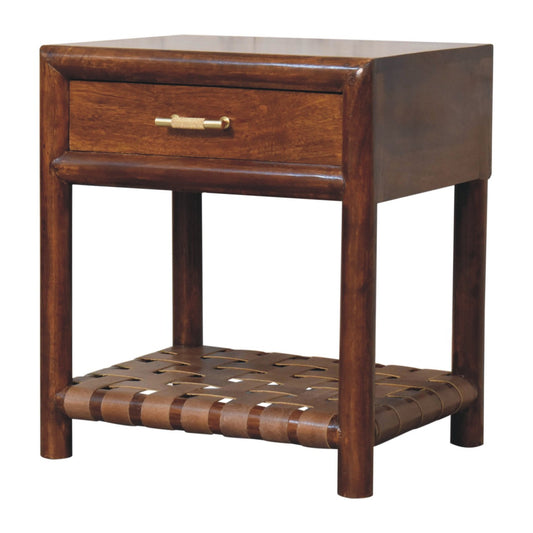Belize Bedside Table with Leather Woven Shelf - Chestnut