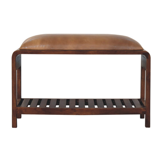 Vintage Style Buffalo Leather Square Slatted Bench