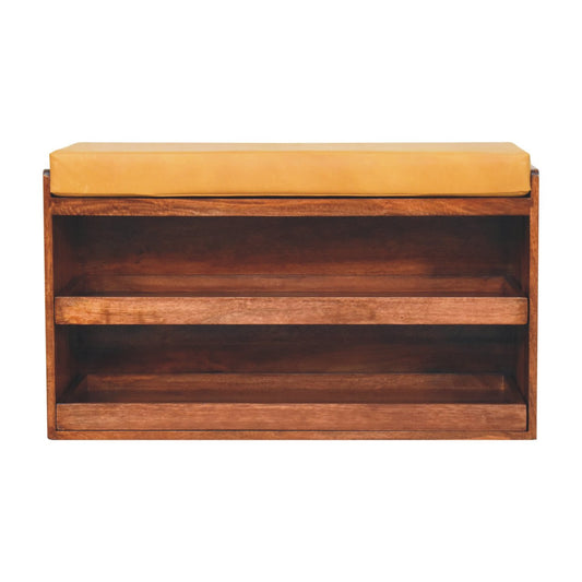 Vintage Style Buffalo Leather Shoe Storage Bench - Honey Caramel