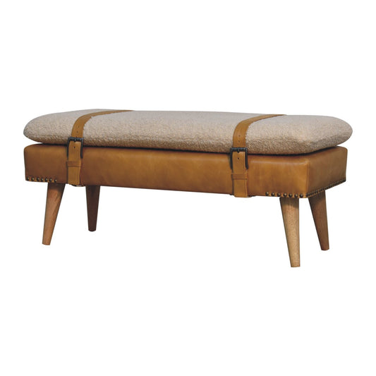Dallas Vintage Style Buffalo Leather Boucle Bench - Tan