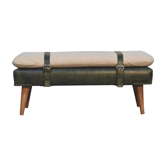 Dallas Vintage Style Buffalo Leather Boucle Bench Seat - Olive Green
