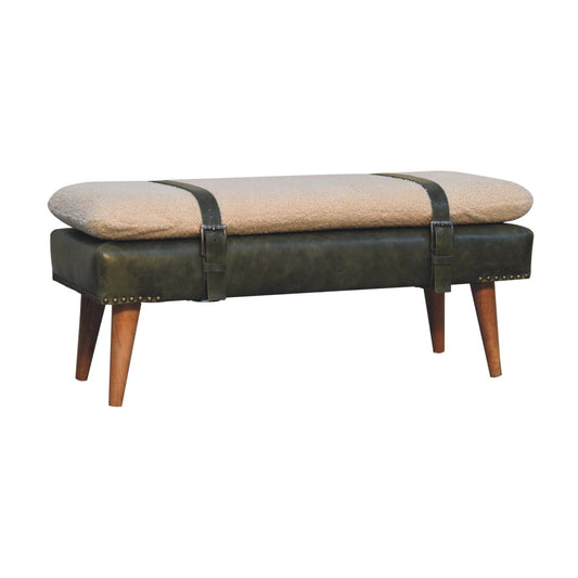 Dallas Vintage Style Buffalo Leather Boucle Bench Seat - Olive Green