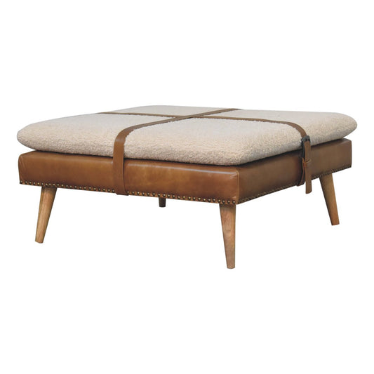 Dallas Large Vintage Style Buffalo Leather Boucle Footstool - Brown