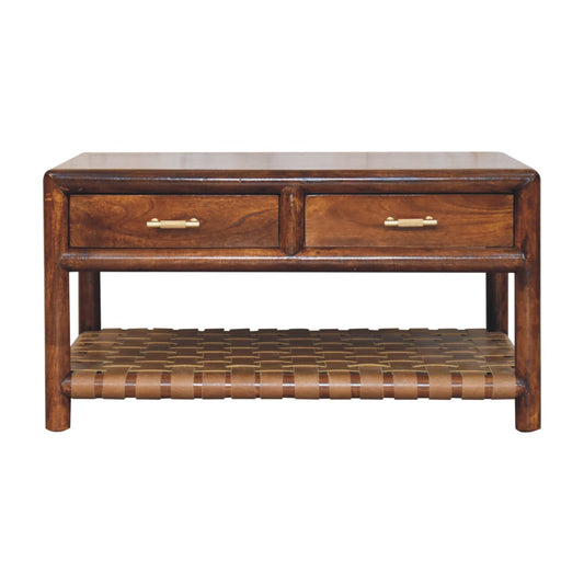 Belize Wooden 4 Drawer Coffee Table Leather Woven Shelf - Chestnut