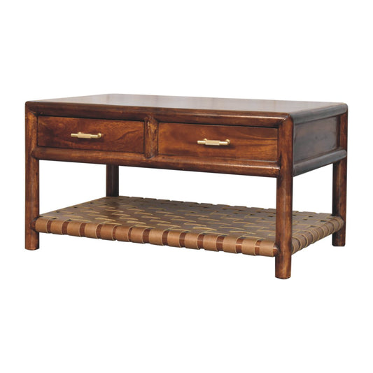 Belize Wooden 4 Drawer Coffee Table Leather Woven Shelf - Chestnut