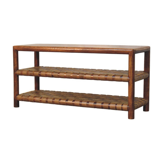Belize Leather Woven Shelf Shoe Rack - Chestnut
