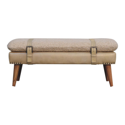 Dallas Vintage Style Buffalo Leather Boucle Bench - Beige