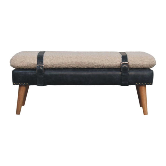 Dallas Vintage Style Buffalo Leather Boucle Bench - Black