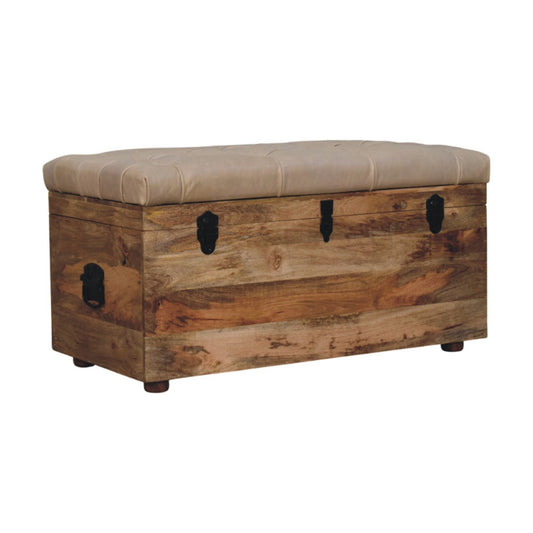 Soho Buffalo Hide Leather Wooden Storage Trunk - Beige - Oak