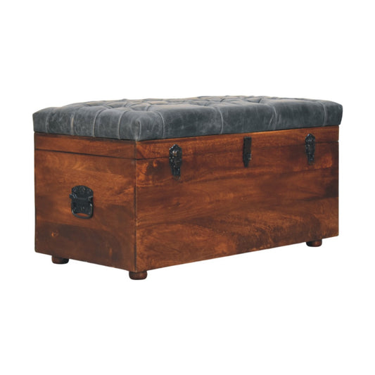 Soho Buffalo Hide Leather Wooden Storage Trunk - Ash Black - Walnut