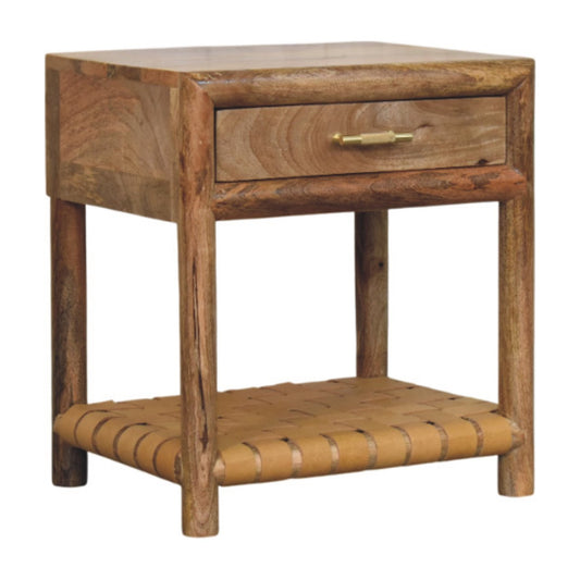 Belize Bedside Table with Leather Woven Shelf - Oak Finish