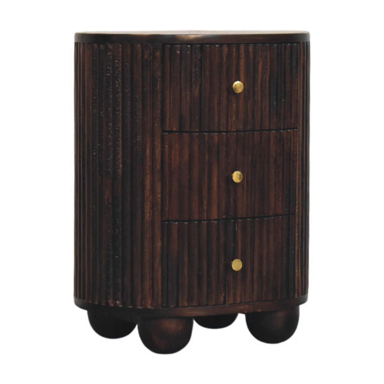 Peru Wooden Grooved 3 Drawer Curved Bedside - Deep Mocha
