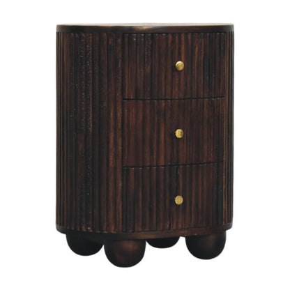 Peru Wooden Grooved 3 Drawer Curved Bedside - Deep Mocha