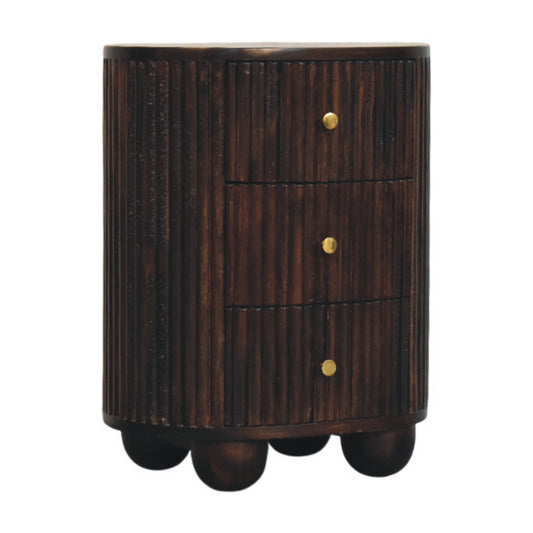 Peru Wooden Grooved 3 Drawer Curved Bedside - Deep Mocha