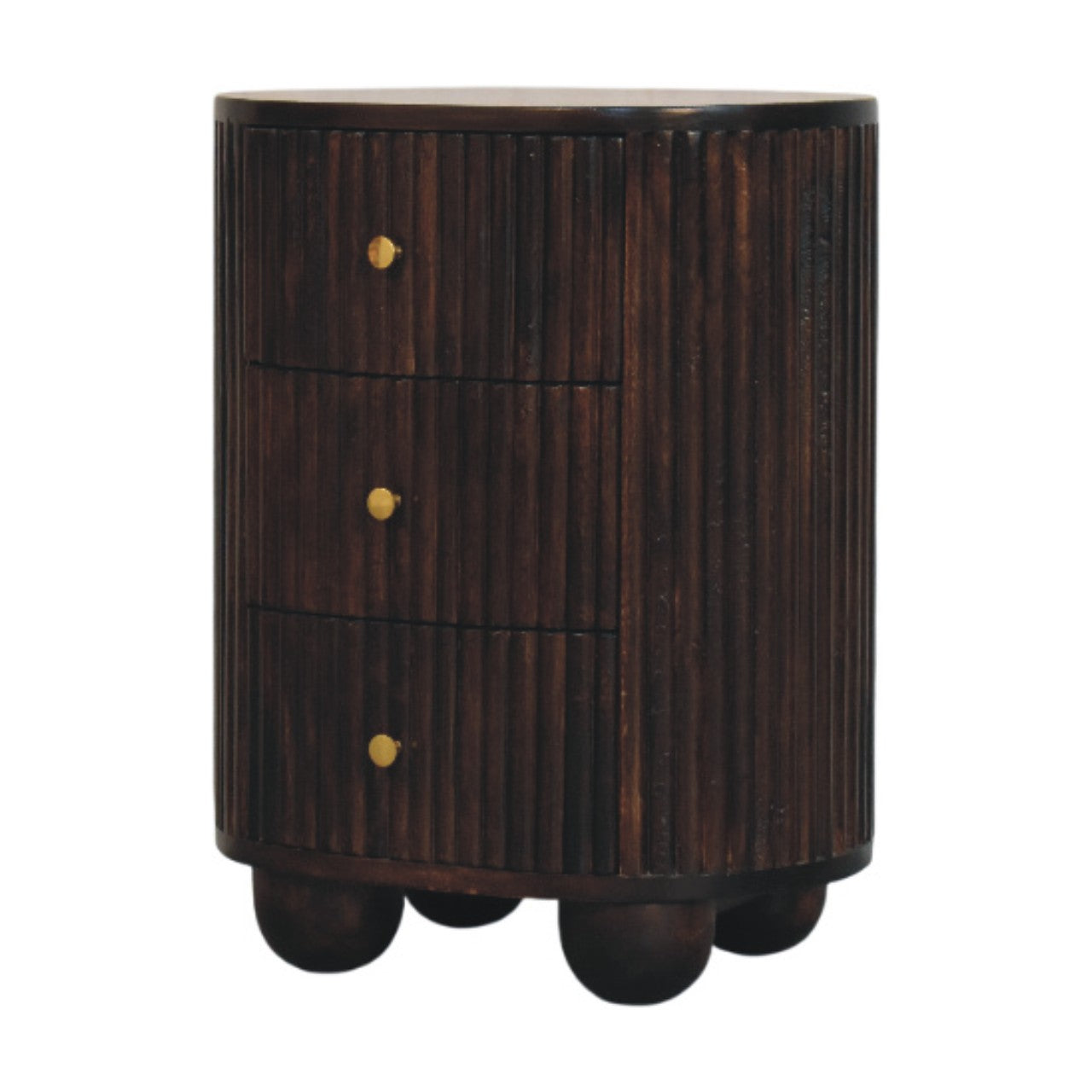 Peru Wooden Grooved 3 Drawer Curved Bedside - Deep Mocha