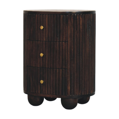Peru Wooden Grooved 3 Drawer Curved Bedside - Deep Mocha