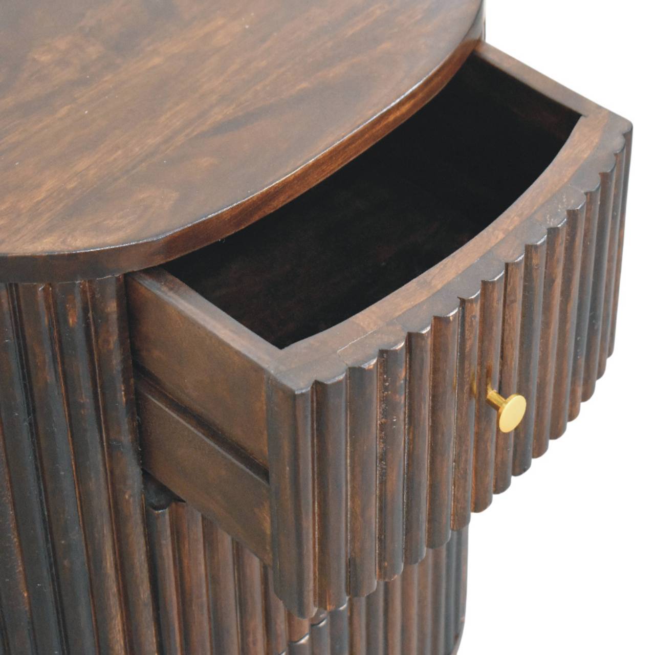 Peru Wooden Grooved 3 Drawer Curved Bedside - Deep Mocha
